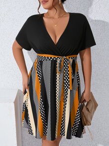 SHEIN Clasi Plus Striped & Polka Dot Print Belted Dress - Multicolor - View 3