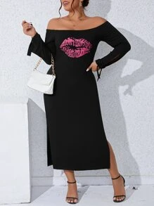 Celure Plus Lip Print Off Shoulder Knot Cuff Split Thigh Dress - Black - View 4
