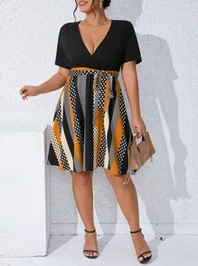 SHEIN Clasi Plus Striped & Polka Dot Print Belted Dress - Multicolor - View 4