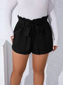 Flirla 大碼紙袋腰卷邊附腰帶短褲 - 黑色 - 查看 4