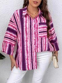 SHEIN LUNE Plus Striped Print Drop Shoulder Shirt - Multicolor - View 1