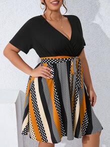SHEIN Clasi Plus Striped & Polka Dot Print Belted Dress - Multicolor - View 5