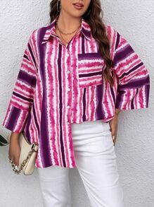 SHEIN LUNE Plus Striped Print Drop Shoulder Shirt - Multicolor - View 3