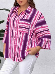 SHEIN LUNE Plus Striped Print Drop Shoulder Shirt - Multicolor - View 4