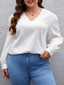 SHEIN Frenchy Plus V Neck Solid Blouse - White - View 1