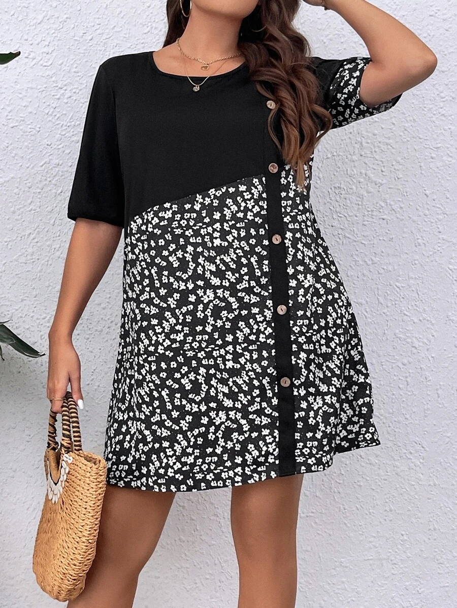 SHEIN LUNE Plus Ditsy Floral Print Button Side Dress - Black and White - View 1