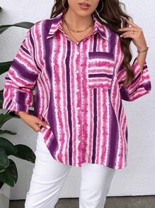 SHEIN LUNE Plus Striped Print Drop Shoulder Shirt - Multicolor - View 5