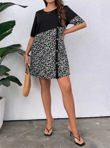 SHEIN LUNE Plus Ditsy Floral Print Button Side Dress - Black and White - View 5