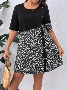 SHEIN LUNE Plus Ditsy Floral Print Button Side Dress - Black and White - View 3