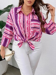 SHEIN LUNE Plus Striped Print Drop Shoulder Shirt - Multicolor - View 6