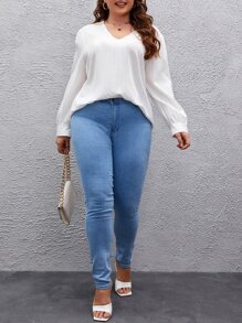 SHEIN Frenchy Plus V Neck Solid Blouse - White - View 3