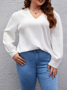 SHEIN Frenchy Plus V Neck Solid Blouse - White - View 4