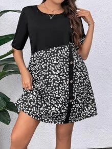 SHEIN LUNE Plus Ditsy Floral Print Button Side Dress - Black and White - View 6