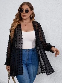 SHEIN LUNE Plus Swiss Dot Lantern Sleeve Open Front Coat - Black - View 1