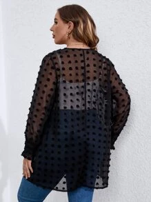 SHEIN LUNE Plus Swiss Dot Lantern Sleeve Open Front Coat - Black - View 2