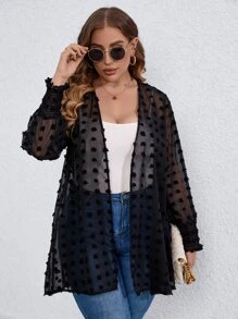 SHEIN LUNE Plus Swiss Dot Lantern Sleeve Open Front Coat - Black - View 3