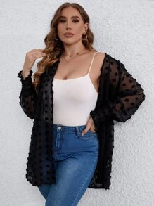 SHEIN LUNE Plus Swiss Dot Lantern Sleeve Open Front Coat - Black - View 4