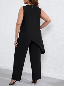 SHEIN Clasi Plus Asymmetrical Hem Tank Top & Trousers - Black - View 2