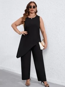 SHEIN Clasi Plus Asymmetrical Hem Tank Top & Trousers - Black - View 4