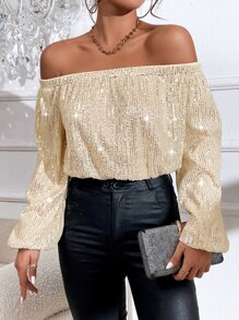 SHEIN BAE Blusa de hombros descubiertos de manga farol con lentejuelas - Dorado - Ver 1