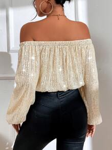 SHEIN BAE Blusa de hombros descubiertos de manga farol con lentejuelas - Dorado - Ver 2