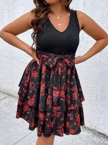 SHEIN LUNE Plus Floral Print Two Layer Hem Belted Dress - Multicolor - View 1