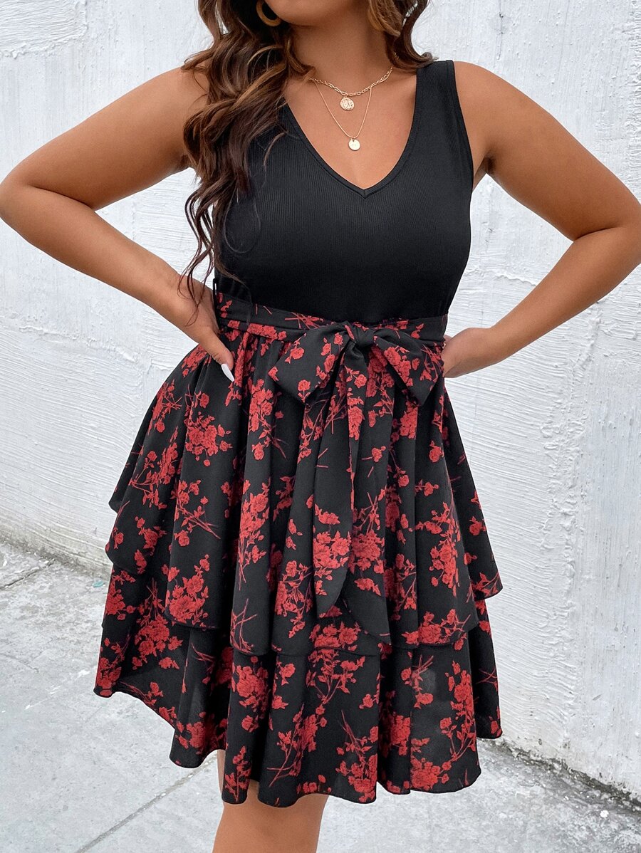 SHEIN LUNE Plus Floral Print Two Layer Hem Belted Dress - Multicolor - View 1