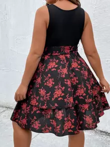 SHEIN LUNE Plus Floral Print Two Layer Hem Belted Dress - Multicolor - View 2