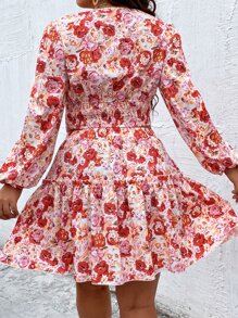 SHEIN Holidaya 大碼滿版印花燈籠袖上衣和荷葉邊半身裙 - 彩色 - 查看 2