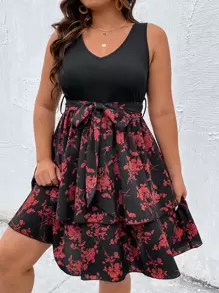 SHEIN LUNE Plus Floral Print Two Layer Hem Belted Dress - Multicolor - View 4