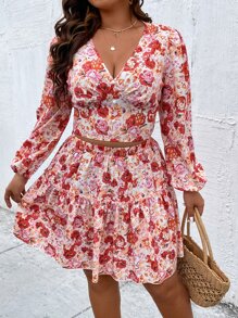 SHEIN Holidaya 大碼滿版印花燈籠袖上衣和荷葉邊半身裙 - 彩色 - 查看 4
