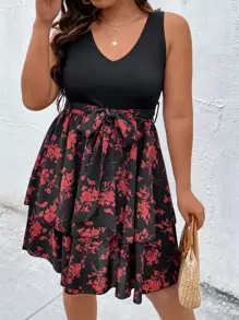 SHEIN LUNE Plus Floral Print Two Layer Hem Belted Dress - Multicolor - View 5