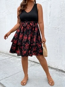 SHEIN LUNE Plus Floral Print Two Layer Hem Belted Dress - Multicolor - View 6