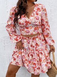 SHEIN Holidaya 大碼滿版印花燈籠袖上衣和荷葉邊半身裙 - 彩色 - 查看 6