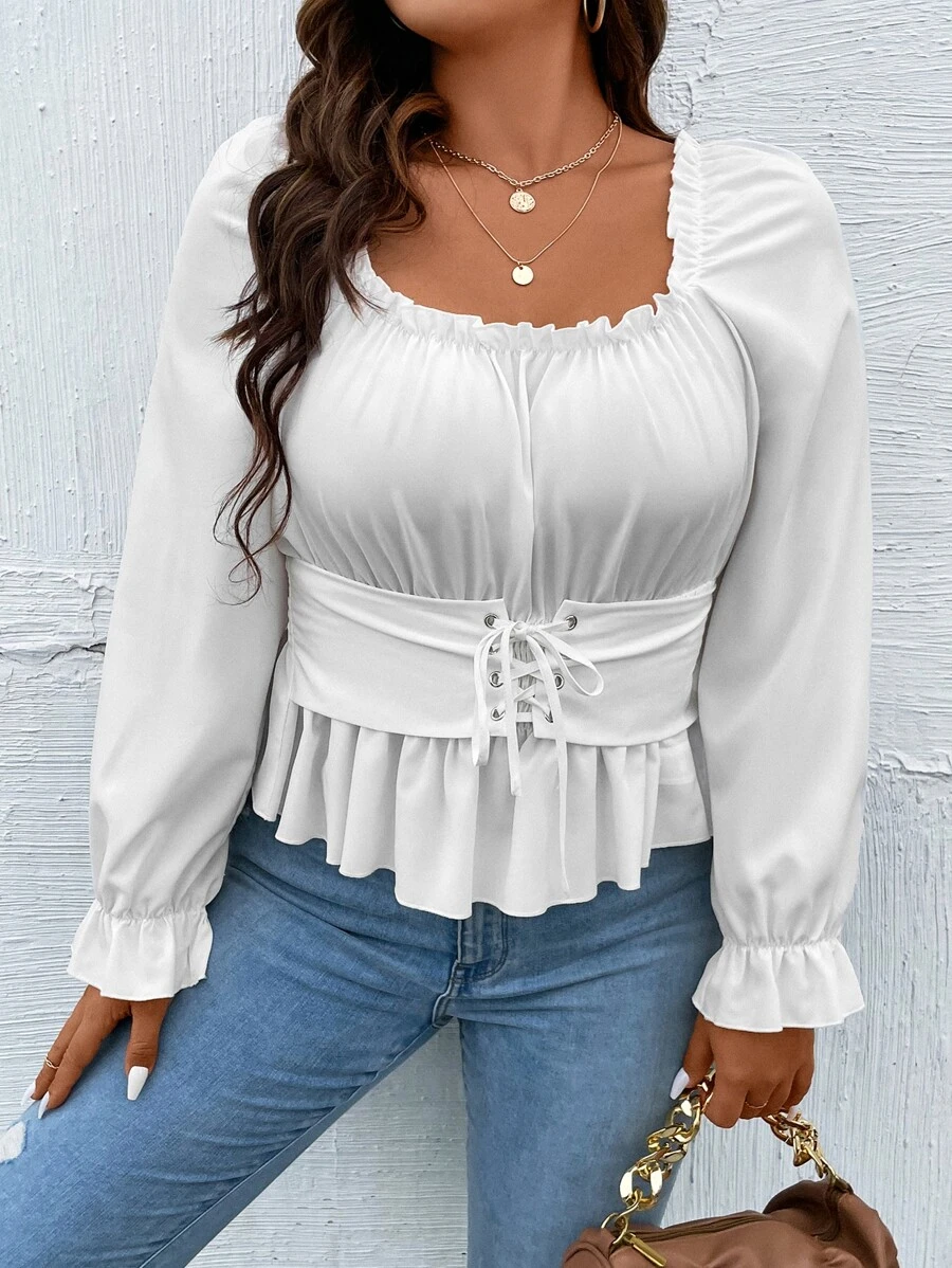 Celure Plus Lace Up Front Flounce Sleeve Peplum Blouse - White - View 1