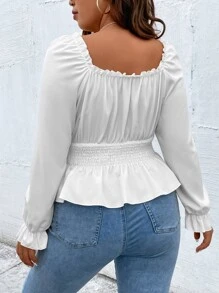 Celure Plus Lace Up Front Flounce Sleeve Peplum Blouse - White - View 2