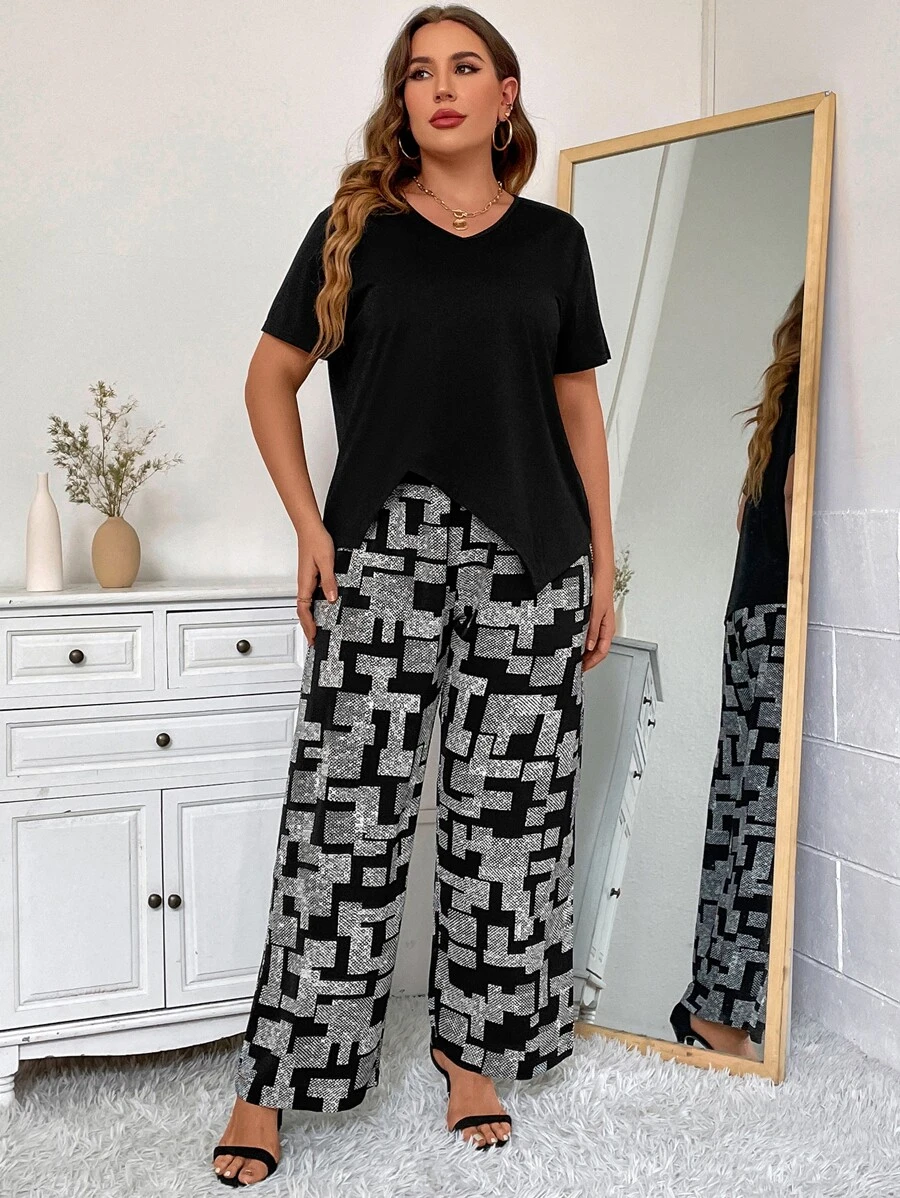 EMERY ROSE Plus Geo Print Asymmetrical Hem Top & Wide Leg Trousers - Black - View 1