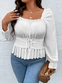 Celure Plus Lace Up Front Flounce Sleeve Peplum Blouse - White - View 4