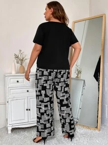 EMERY ROSE Plus Geo Print Asymmetrical Hem Top & Wide Leg Trousers - Black - View 2