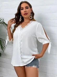 SHEIN LUNE Plus Guipure Lace Trim Split Sleeve Knot Cuff Blouse - White - View 4