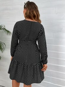 SHEIN LUNE Plus Polka Dot Lantern Sleeve Ruffle Hem Belted Dress - Black - View 2