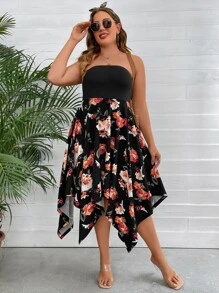 Breezaya Plus Floral Print Hanky Hem Tube Dress - Black - View 5