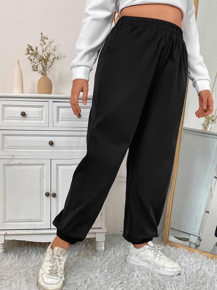 Flirla Pantalones unicolor de cintura elástica - Negro - Añade 6