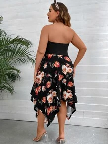 Breezaya Plus Floral Print Hanky Hem Tube Dress - Black - View 2
