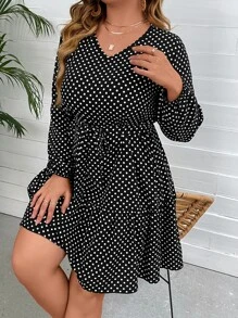 SHEIN LUNE Plus Polka Dot Lantern Sleeve Ruffle Hem Belted Dress - Black - View 3