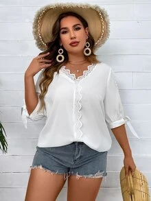 SHEIN LUNE Plus Guipure Lace Trim Split Sleeve Knot Cuff Blouse - White - View 3