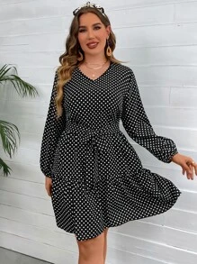SHEIN LUNE Plus Polka Dot Lantern Sleeve Ruffle Hem Belted Dress - Black - View 4