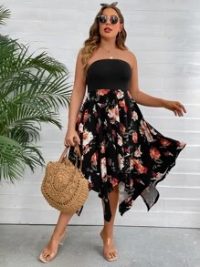 Breezaya Plus Floral Print Hanky Hem Tube Dress - Black - View 1