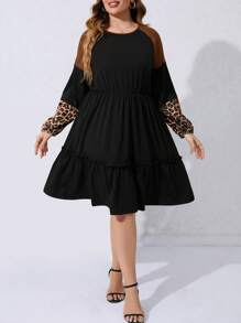 SHEIN LUNE Plus Leopard Print Raglan Sleeve Ruffle Hem Dress - Black - View 1