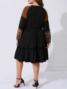 SHEIN LUNE Plus Leopard Print Raglan Sleeve Ruffle Hem Dress - Black - View 2